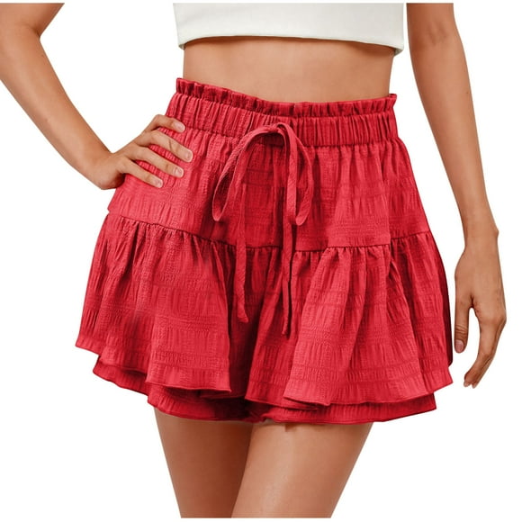 Plebaso Flowy Shorts for Women 2025 Ruffle Tiered Drawstring Skorts Summer Casual High Waist Mini Skirts