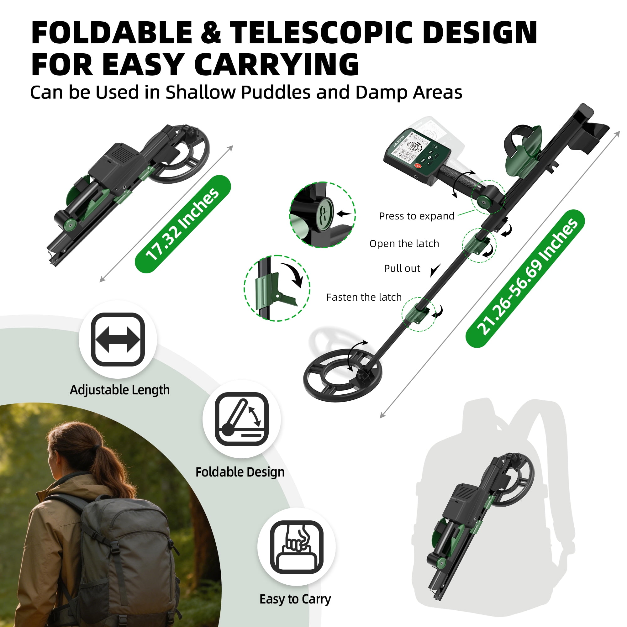 ABLEGRID Metal Detector for Adults and Kids Rechargeable Foldable, Professional Gold and Silver Detectors, High Accuracy Waterproof Pinpoint 4 Modes, Advanced DSP Chip 10" Coil, GC1021