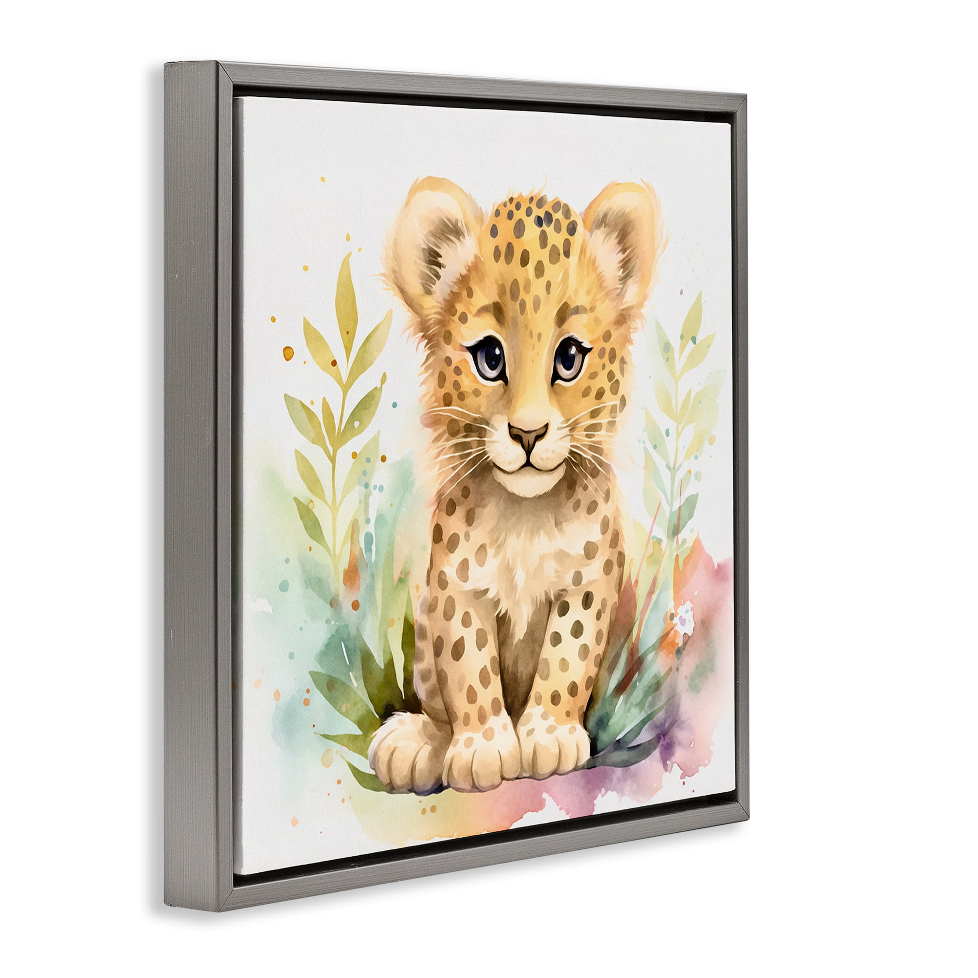 Stupell Industries Baby Cheetah Cub Animals Painting Gray Floater Framed Canvas Art Print Wall Art, 18 x 18