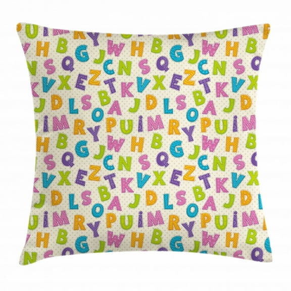 Kids Throw Pillow Cushion Cover, Cute Funny Letters in Lively Colors Cartoon Style ABC Alphabet on Polka Dots Backdrop, Decorative Square Accent Pillow Case, 24 X 24 Inches, Multicolor, by Ambesonne