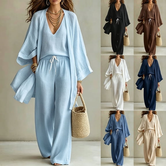 Idoravan Women Clothes 3 Piece Sets for Women Tank Tops Wide Leg Pants Cover Jacket Fashion Women V-Neck Sleeveless Tank Long Sleeve Cardigan and Long Pants Casual 3Pc Sets