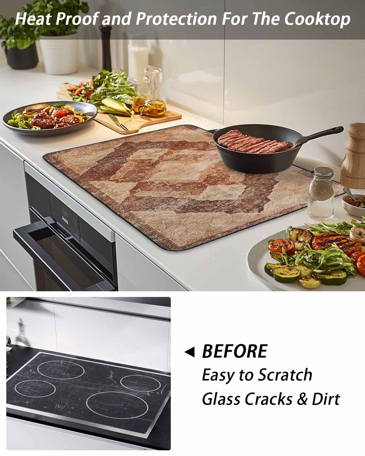 Stove Top Covers for Electric Stove, Beige Boho Glass Stovetop Cover Protector, Ethnic Modern Geometric Abstract Art Western Induction Cooktop Protector Oven Mat for Kitchen Countertop 24"x21"