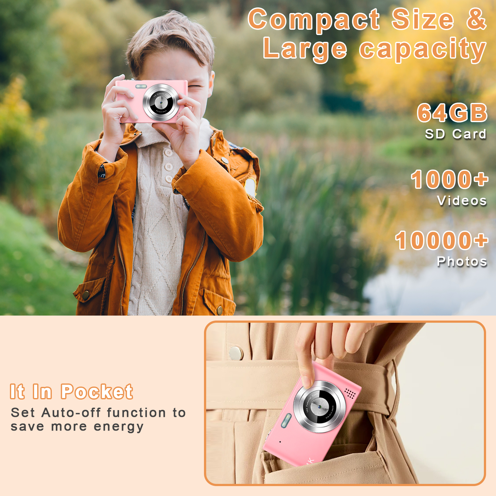 Geryst Digital Camera, 4K UHD 48MP, 16X Zoom, Kids, Pink photo 5