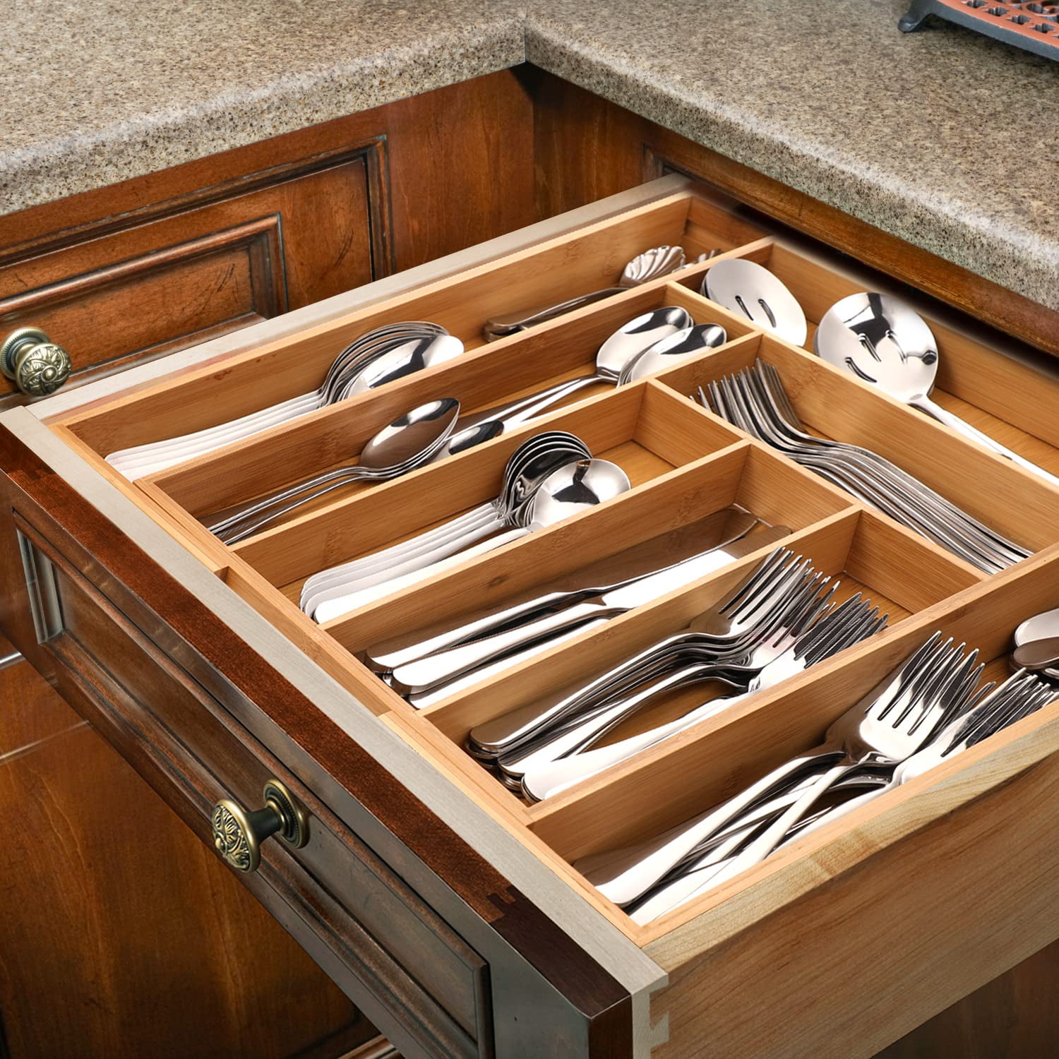 Bamboo Expandable Drawer Organizer for Utensils Holder, Adjustable Cutlery Tray, Wood Drawer Dividers Organizer for Silverware, Flatware, Knives in Kitchen, Bedroom, Living Room