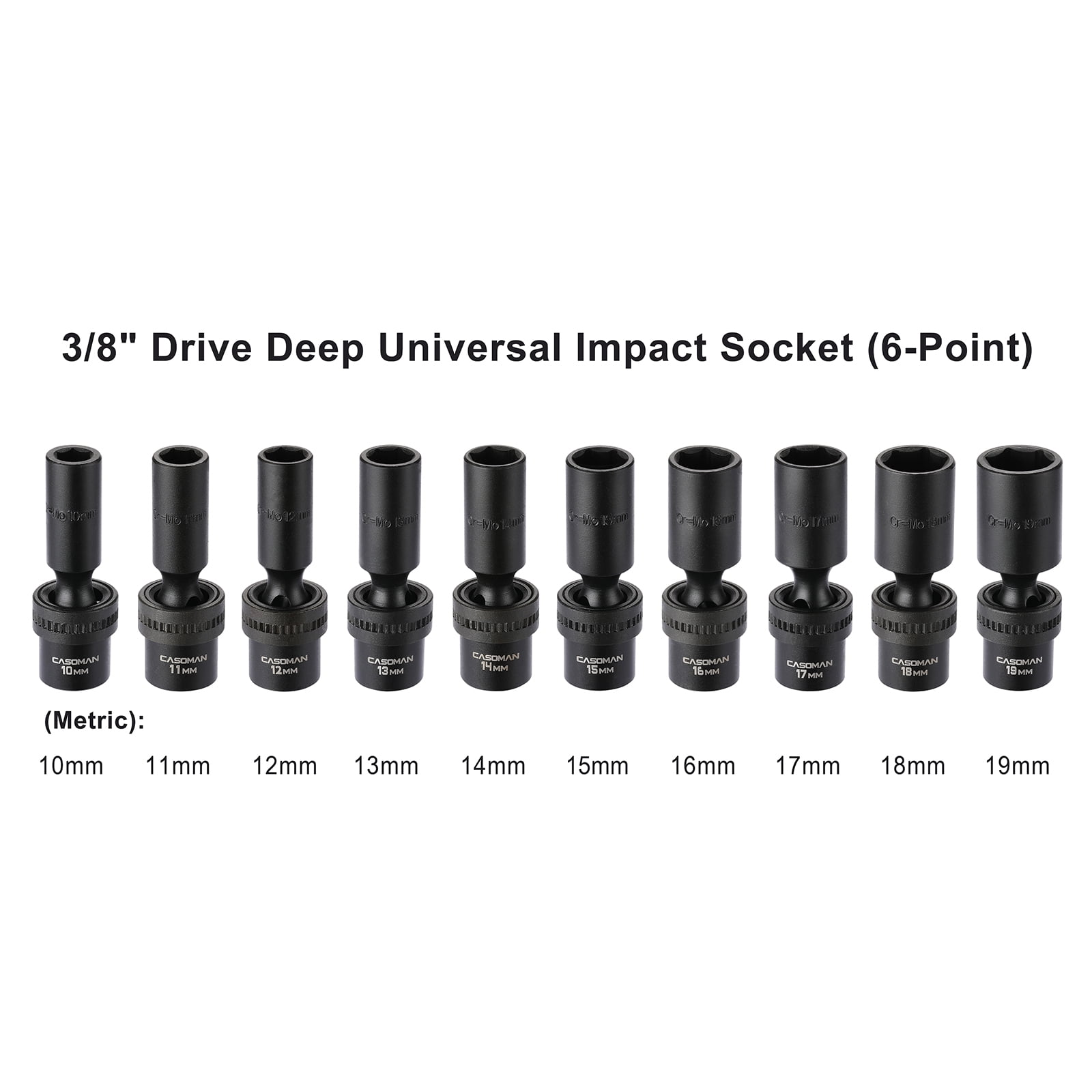 CASOMAN PRO 10-piece 3/8" Drive Deep Universal Impact Socket Set, 6 Point, Metric, 10-19 mm, Swivel Socket with Flexible Wobble, CR-MO