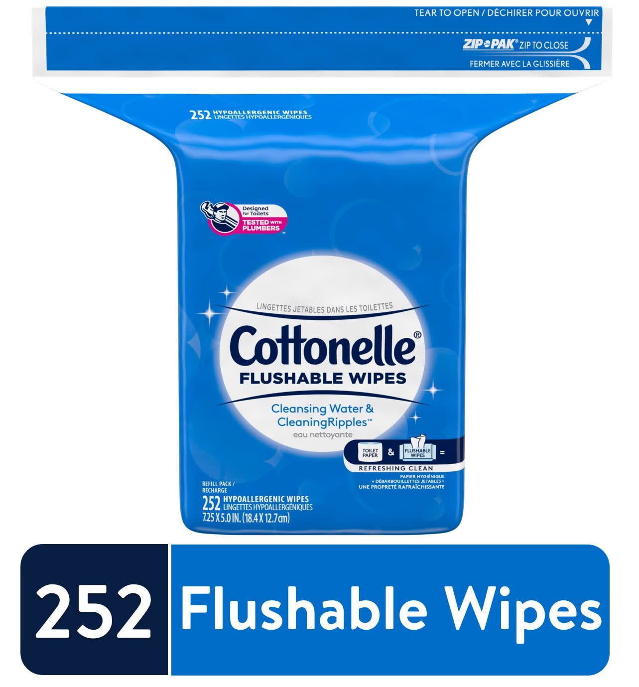 Cottonelle Flushable Wet Wipes, 1 Refill Pack, 252 Hypoallergenic Wipes