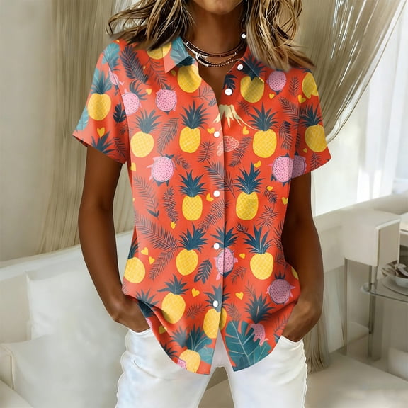 Hawaiian Shirt for Women Tropic Print Short Sleeve Casual Button Down Shirts Beach Aloha Tops