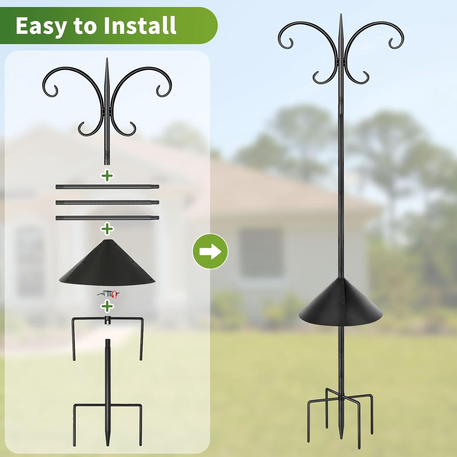 KOLAKO Bird Feeding Station, 223cm Heavy Duty Bird Feeder Pole with Squirrel Baffle,  Metal Shepherds Crook Hooks for Hanging Garden Lights Lanterns Plant Basket