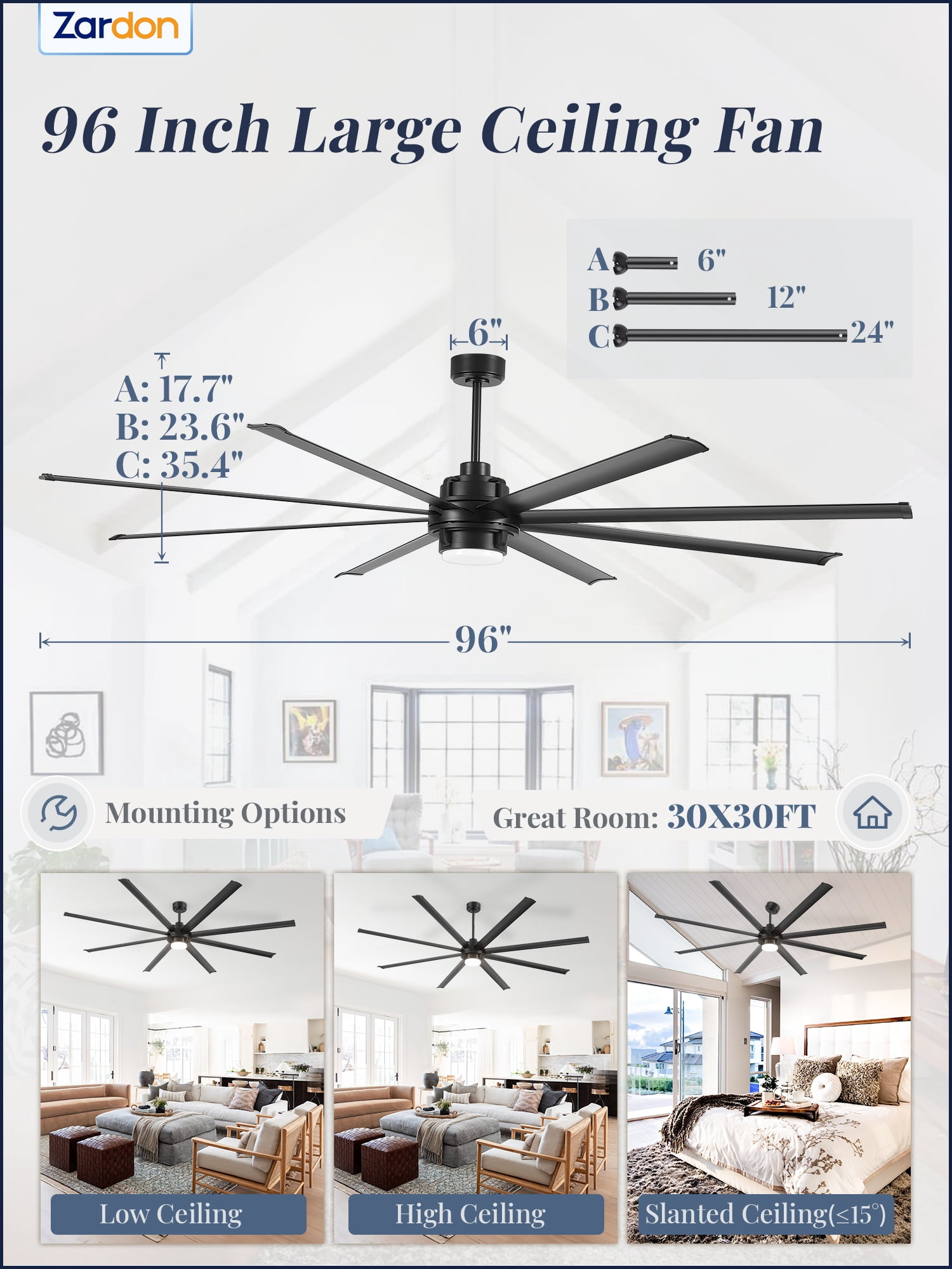 Zardon 96in Large Ceiling Fan with Light and Remote Control, Industrial Ceiling Fan with 6 Speeds Reversible for Indoor, Outdoor, Garage, Black