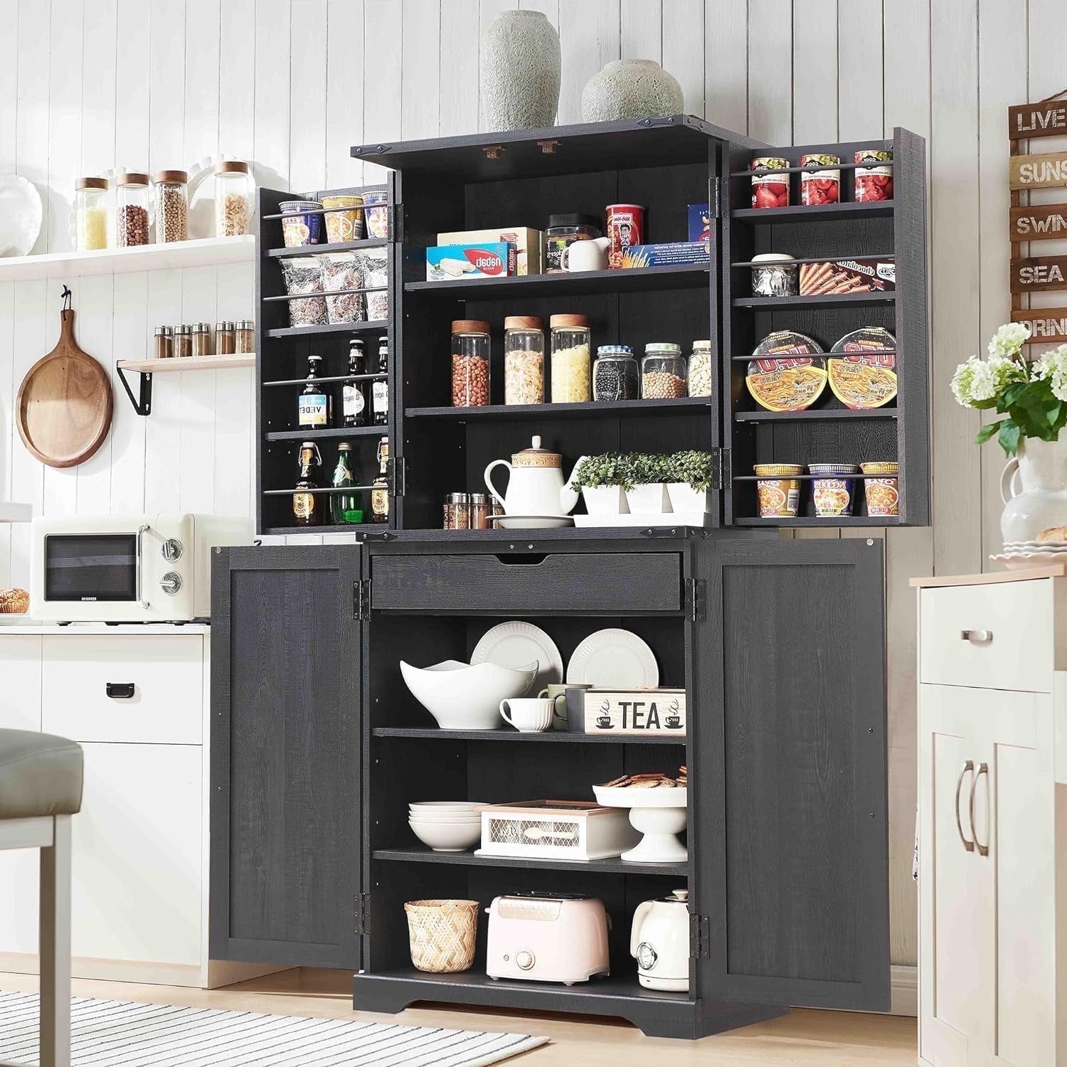 ACCOHOHO 72" Tall Kitchen Pantry Cabinets, Farmhouse Storage Cabinet with Barn Door, Drawer & Adjustable Shelves for Kitchen, Dining Room, Bathroom, Black