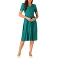 thumbnail image 2 of INSPIRE CHIC Women's Dress Work V-Neck Short Sleeve Below Knee Belted A-Line Pleated Dress L Blue Green, 2 of 5