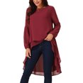 thumbnail image 4 of Women's High Low Tops Lantern Long Sleeve Round Neck Dressy Casual Chiffon Asymmetrical Tops Blouse M Dark Red, 4 of 5
