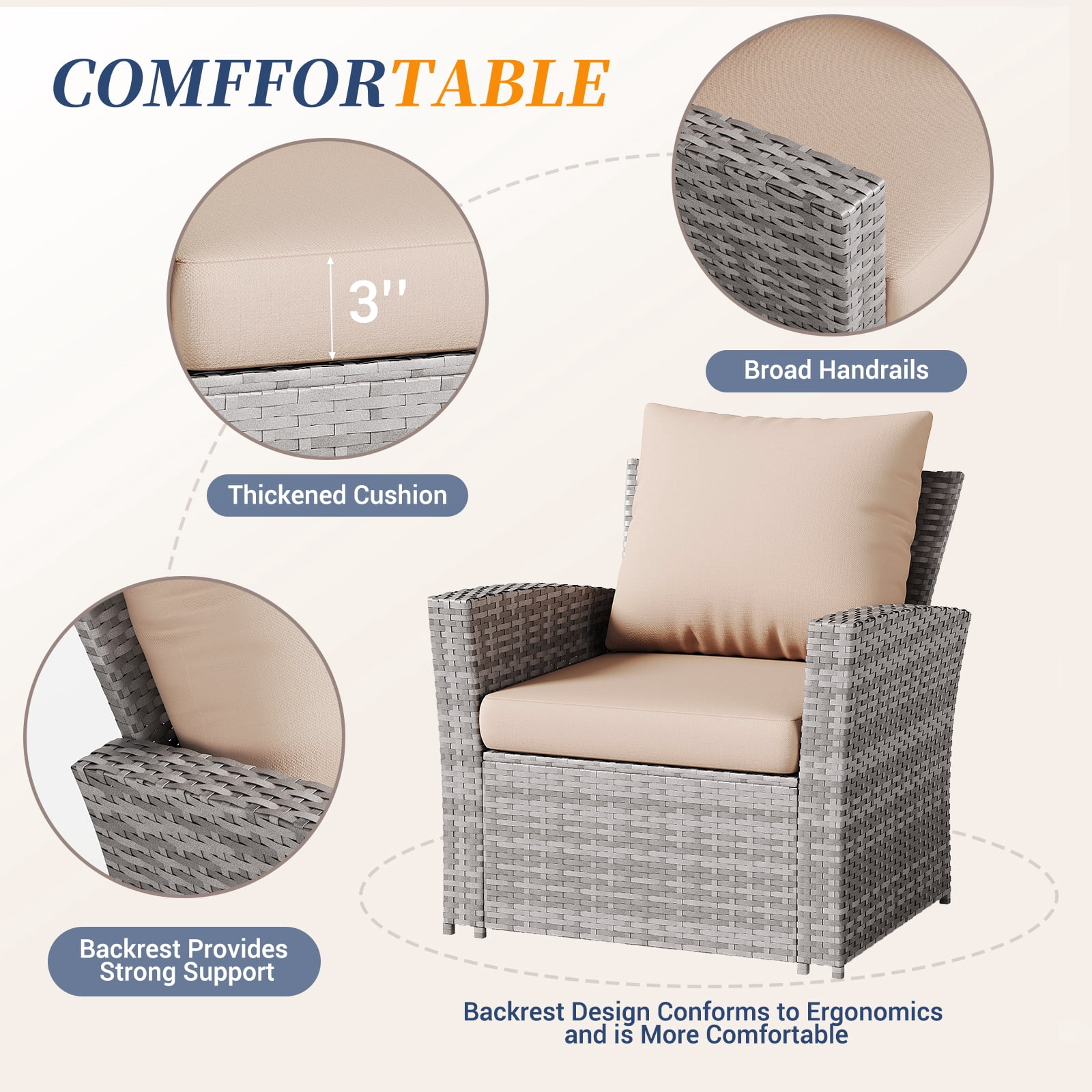 ELPOSUN Wicker Patio Furniture Set, 4 Piece Outdoor Sectional Conversation Sets, Gray PE Rattan Patio Sofa Set for Balcony, Porch, Backyard, Khaki