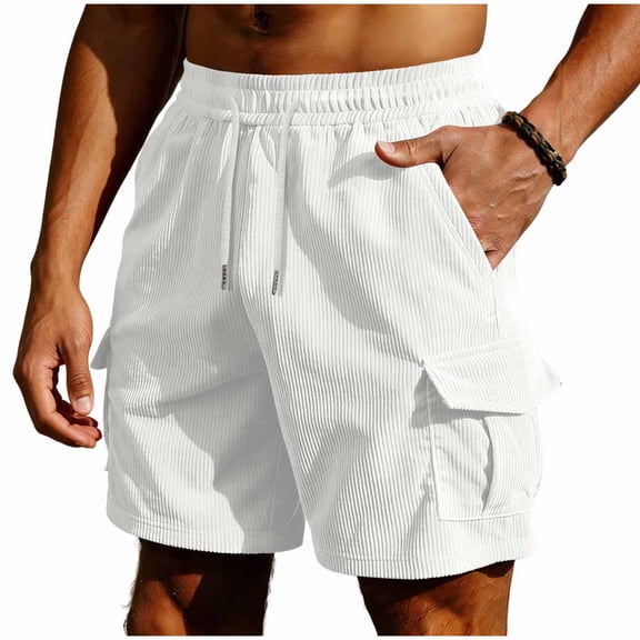 Besolor Mens Shorts Corduroy Drawstring Elastic Waist Wide Leg Casual Loose Outdoor Workout Cargo Shorts with Multi-pocket(X-Large,White)