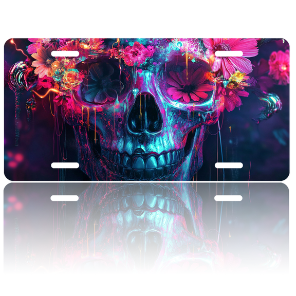 1 Pcs 2D Flat License Plate Covers & Frames, Neon Skull with Flowers For Decorative Front, Waterproof For Decoration Aluminum License Plate Covers & Frames Cover For Men Women, 12" X 6"
