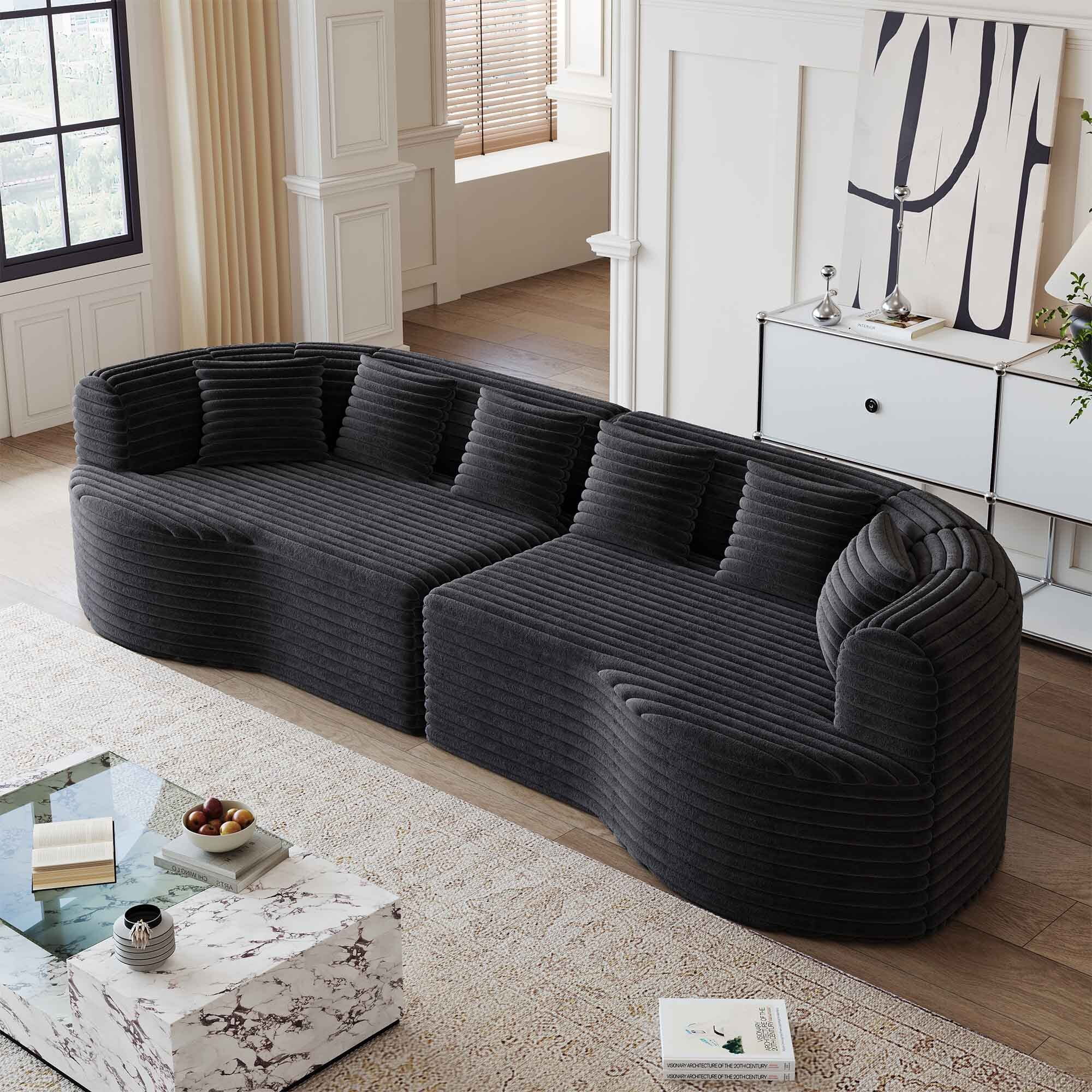 Lunale 106" Oversized Curved Sofa, Modern Boneless Cloud Couch for Living Room, Black Corduroy
