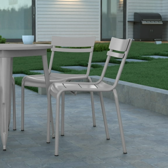 Emma   Oliver Set of 2 Armless Powder Coated Steel Stacking Dining Chairs with 2 Slat Backs for Indoor-Outdoor Use in Silver