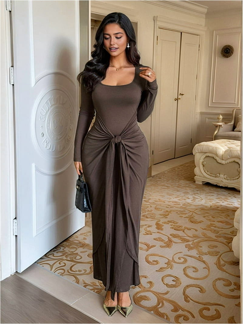 Women Bodycon Maxi Dress Ruched Long Sleeve Long Dress Cocktail Party Dresses Dark Brown S - Walmart.com Women Bodycon Maxi Dress Ruched Long Sleeve Long Dress Cocktail Party Dresses Dark Brown S - Walmart.com