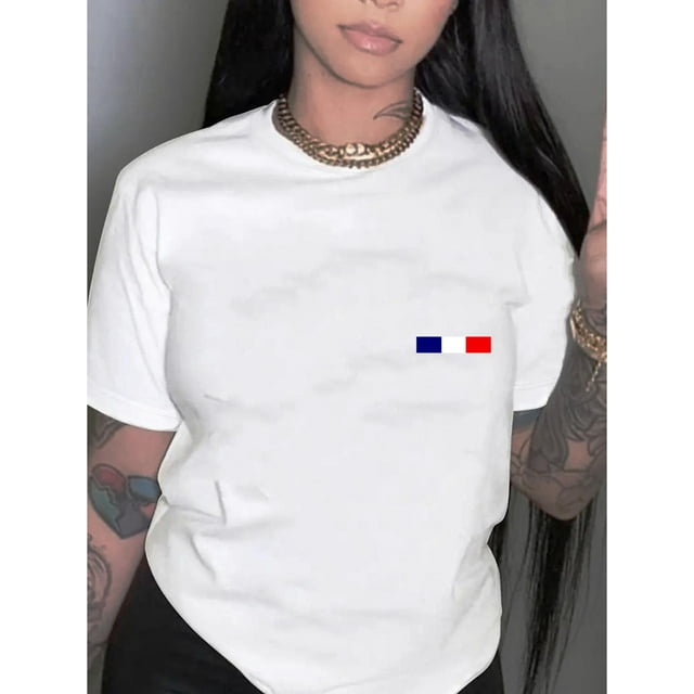 Camiseta informal con estampado de bandera para mujer: cuello redondo, manga corta, algodón elástico, lavable a máquina. Ideal para verano, ropa informal y para el tiempo libre.