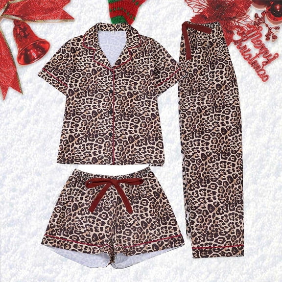 YMNXA Pajamas For Women Set Short Sleeve Lapel Buttons Leopard Print Tops Shorts Pants Soft 3 Piece Outfit For Home Relaxation And Nightwear Brown L