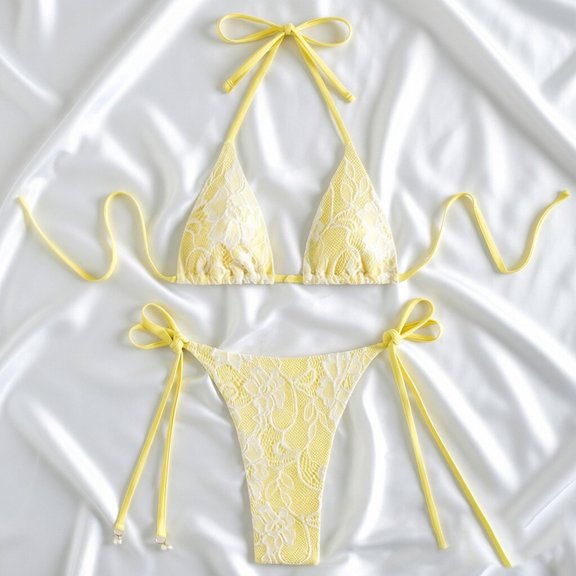 Elegant Summer Striped Tie Front Bikini For Beachwear And Lounging Tankini SwimwearWomen Bikini Set Textured Halter Triangle Tie Side Bikini Set with Lace (Yellow M)