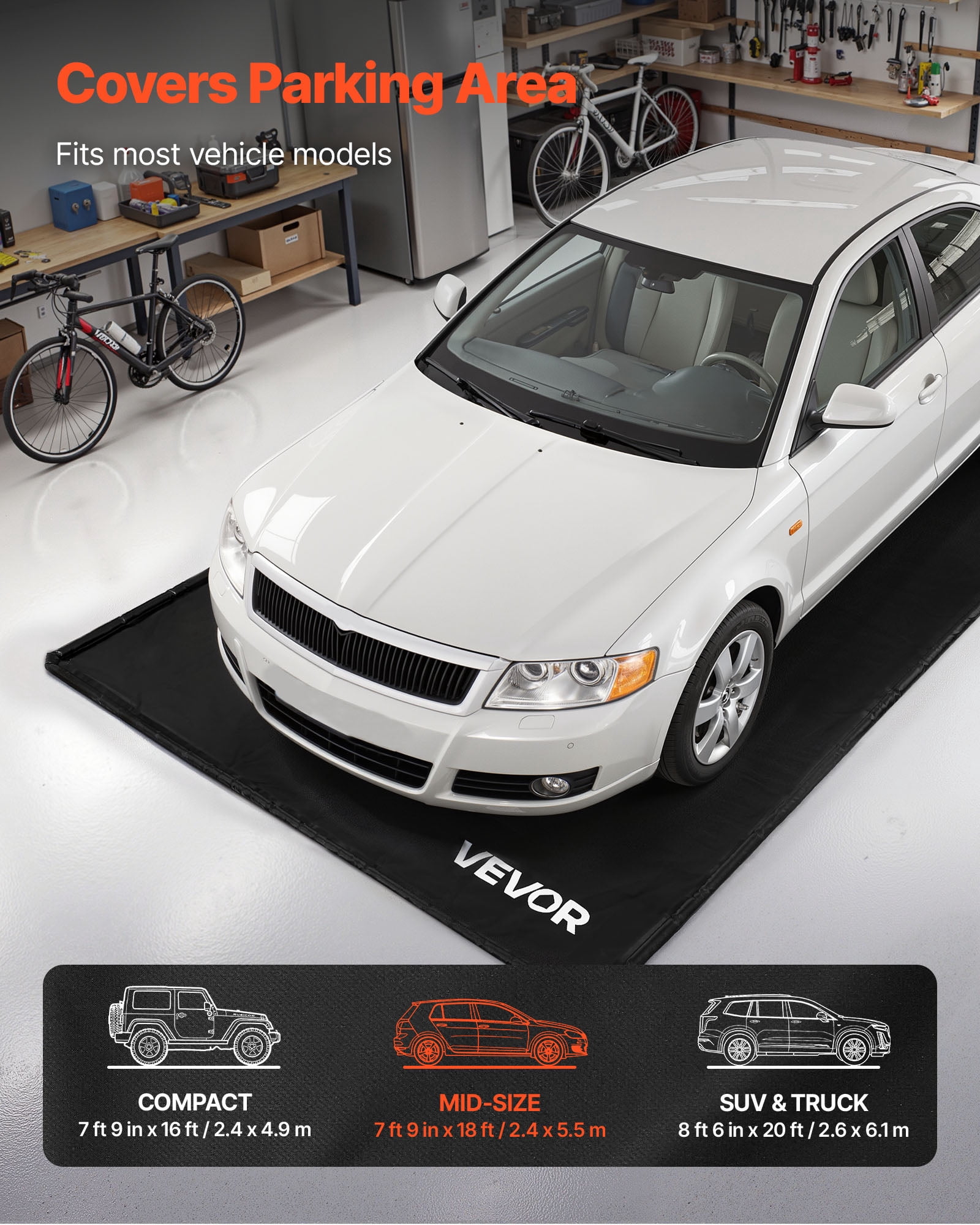 VEVOR Containment Mat, 7 ft 9 in x 18 ft, Non-Slip PVC Garage Floor Mat with a Cleaning Squeegee, Heavy Duty Durable Waterproof Containment Protection from Snow, Rain and Mud for Cars Parking, Black