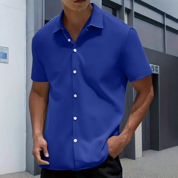 Men'S Shirts, Short Sleeve Button Down Solid Color Shirt, Casual Wear with Breathable Fabric, Comfortable