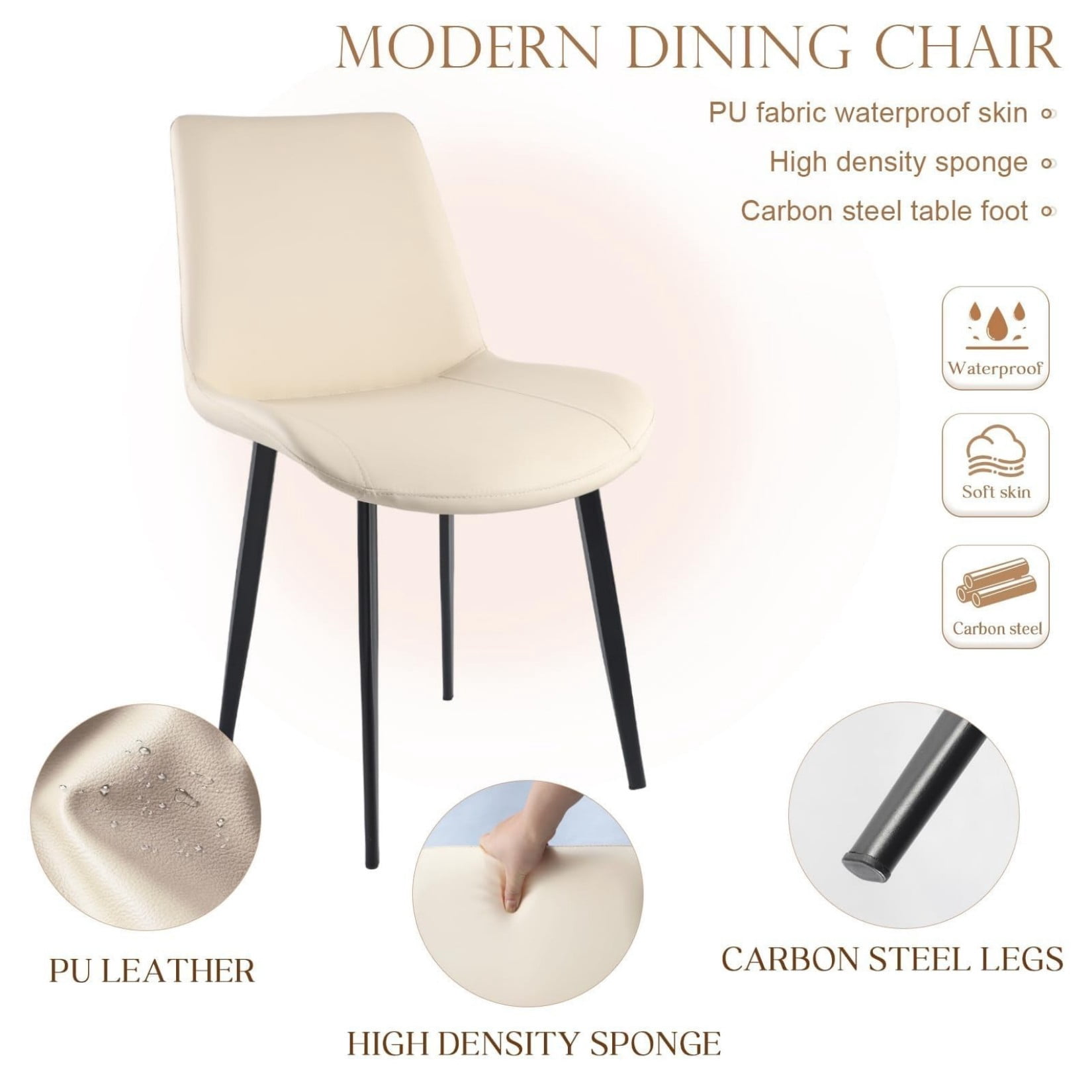 Dining Chairs Set of 4, Cream White PU Leather Upholstered Kitchen Dining Chairs with Carbon Steel Legs, Modern Armless Accent Chairs for Dining Room, Kitchen, Restaurant & Meeting Room