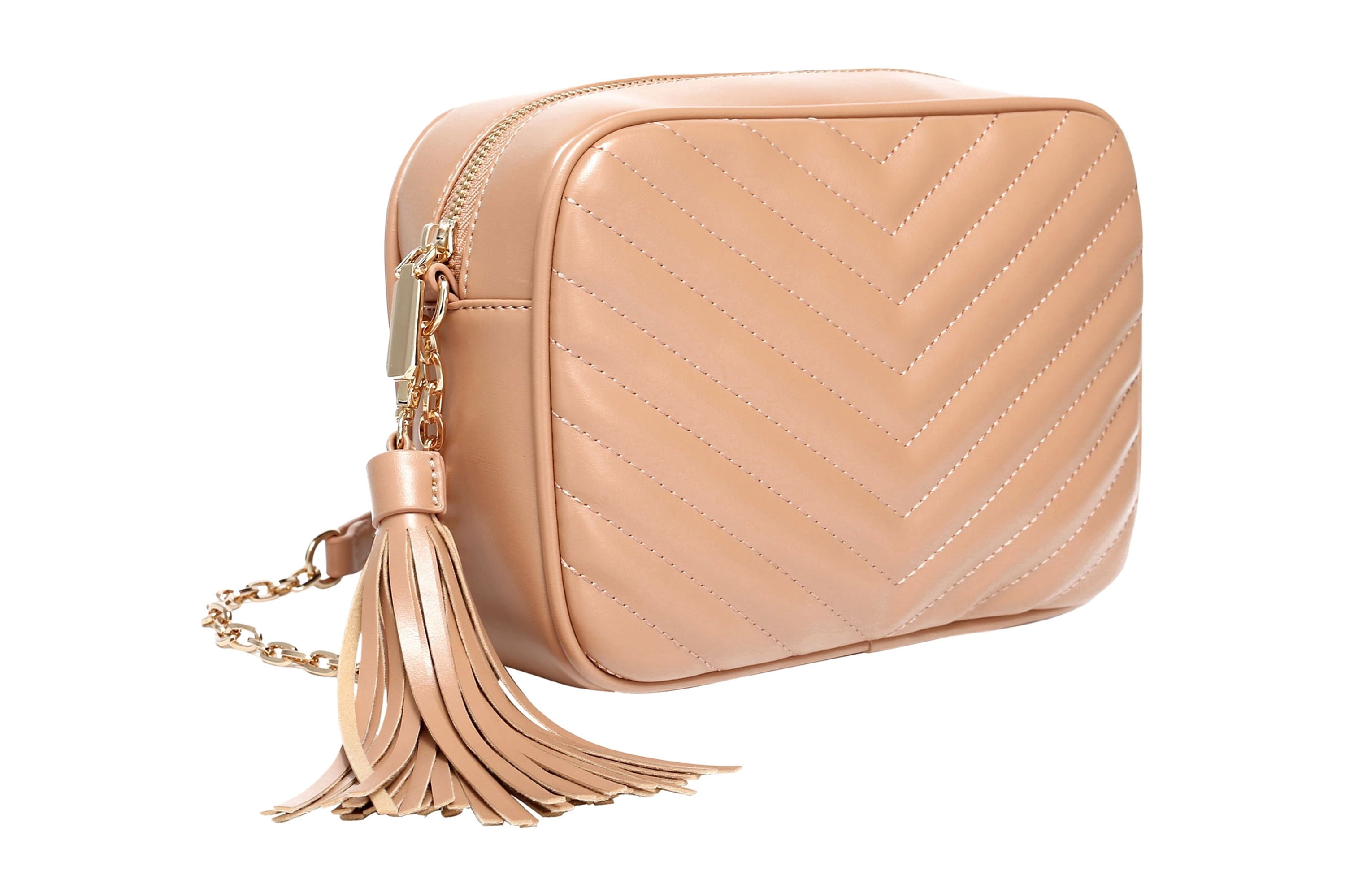 Daisy Rose Quilted Shoulder Cross body bag for Women with tassel - PU Vegan Leather - Blush