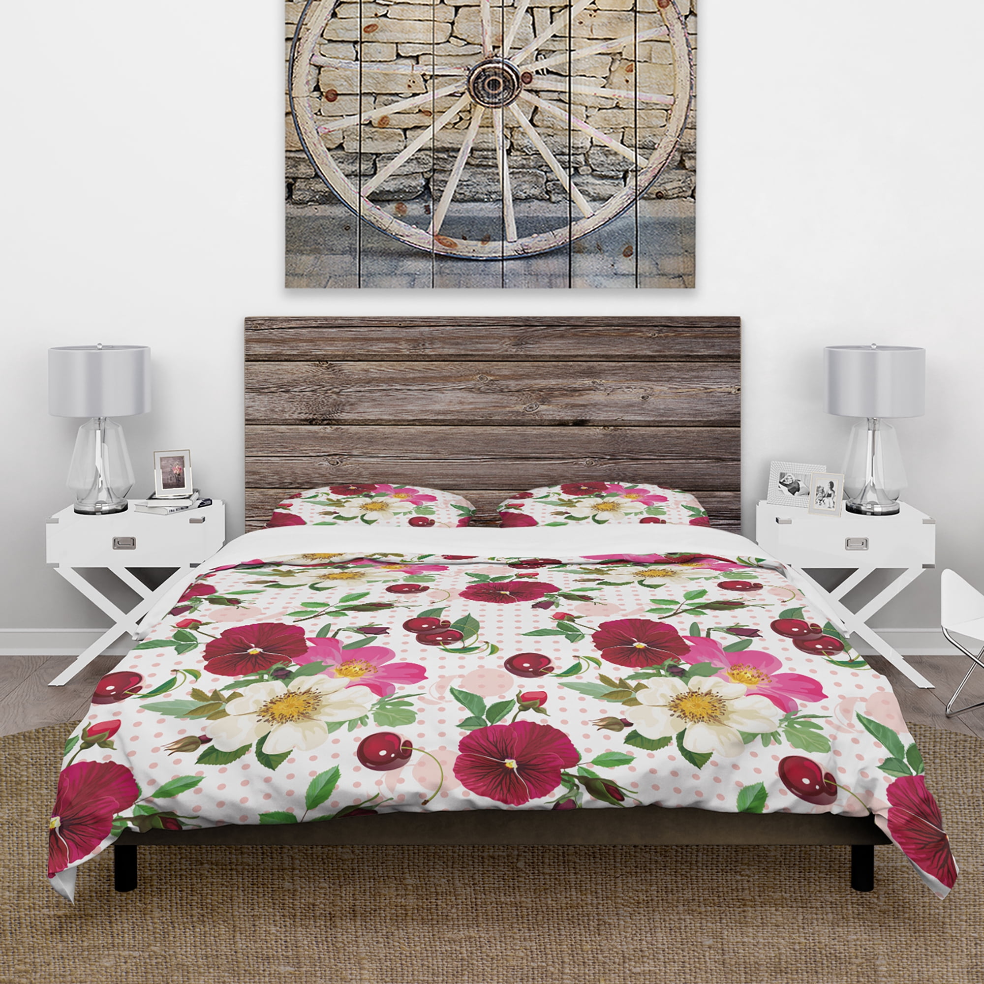 Designart 'Pansies, Cherries and Roses on Pink Dotted Background' Abstract Duvet Cover Set