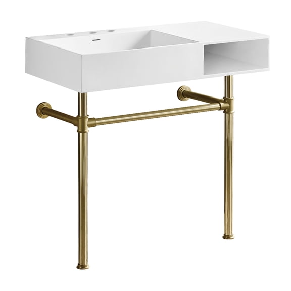 Kingston Brass KVPB3368SQA2 Aurelius 36-Inch Solid Surface Console Sink with Stainless Steel Legs (8-Inch, 3-Hole) in Matte White/Polished Brass