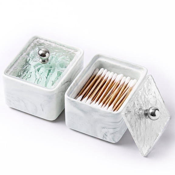 IWNTWY 2 Pack Ceramic Qtip Holder with Acrylic Lid Bathroom Cotton Swab Container for Cotton Balls, Swabs, Floss Picks