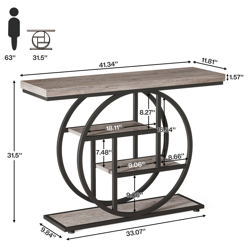 Spaco 41.3" Console Table with 1.57" Thick Tabletop, Industrial 4-Tier Sofa Entryway Table with Circle Base, Gray