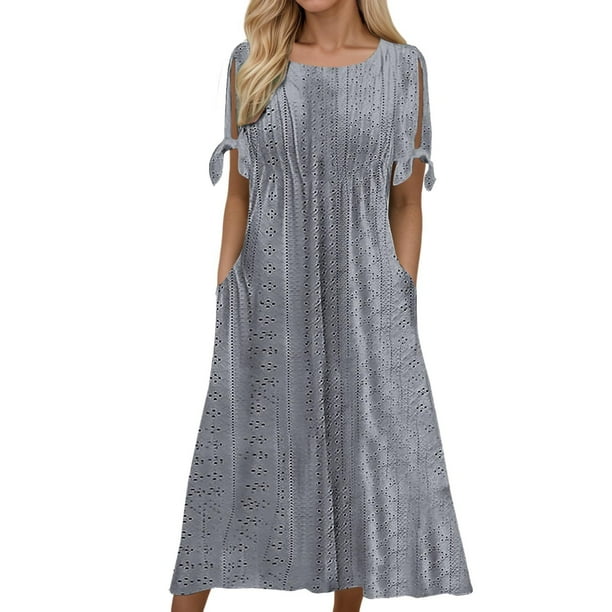 Vestido largo de verano para mujer: vestido informal de manga corta con cuello en V, botones y bolsillos, estilo boho maxi