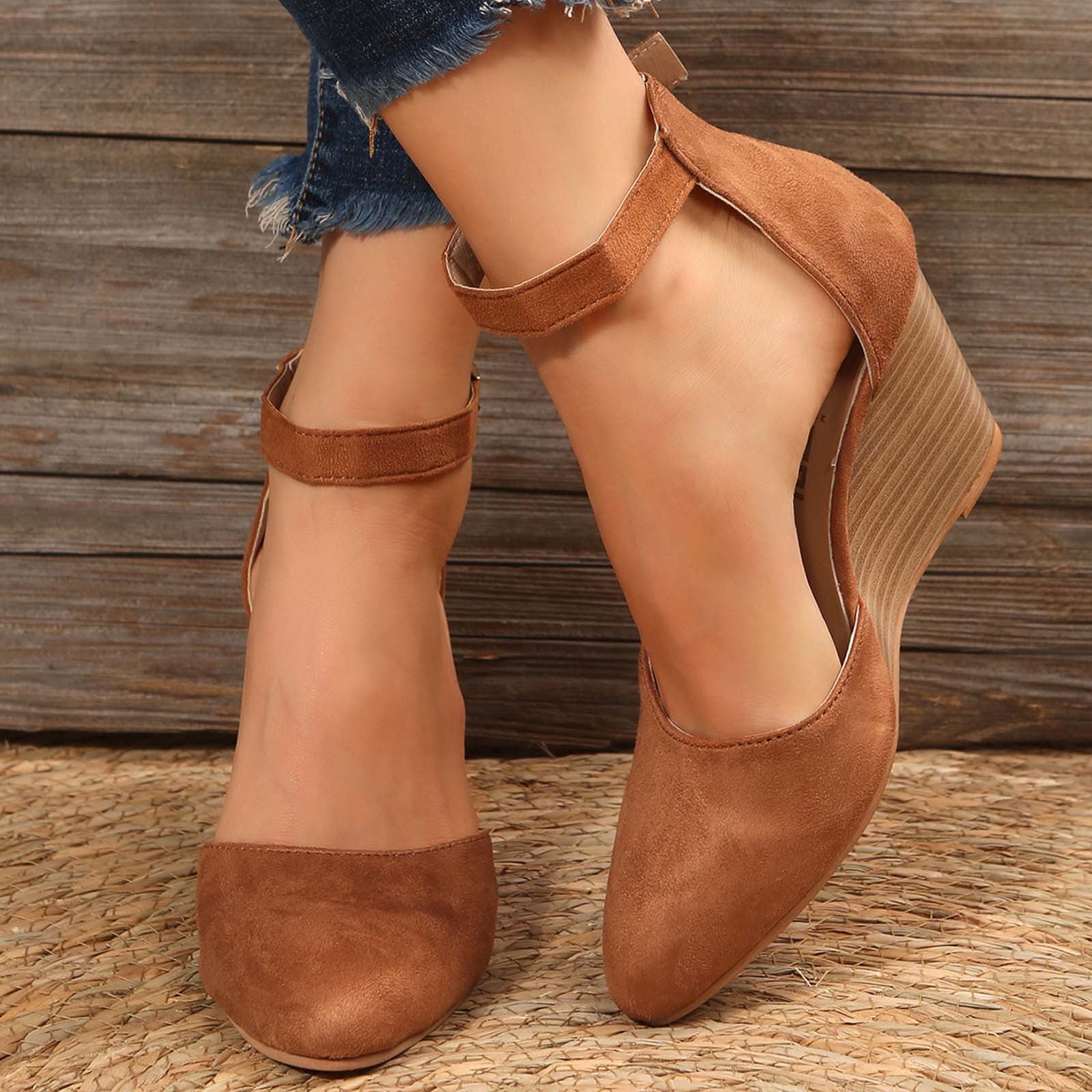 KBODIU Closed Toe Platform Wedge Sandals for Women, Womens Pointed Toe Sandals Metal Buckle 7.5CM Wedges Dress Sandals