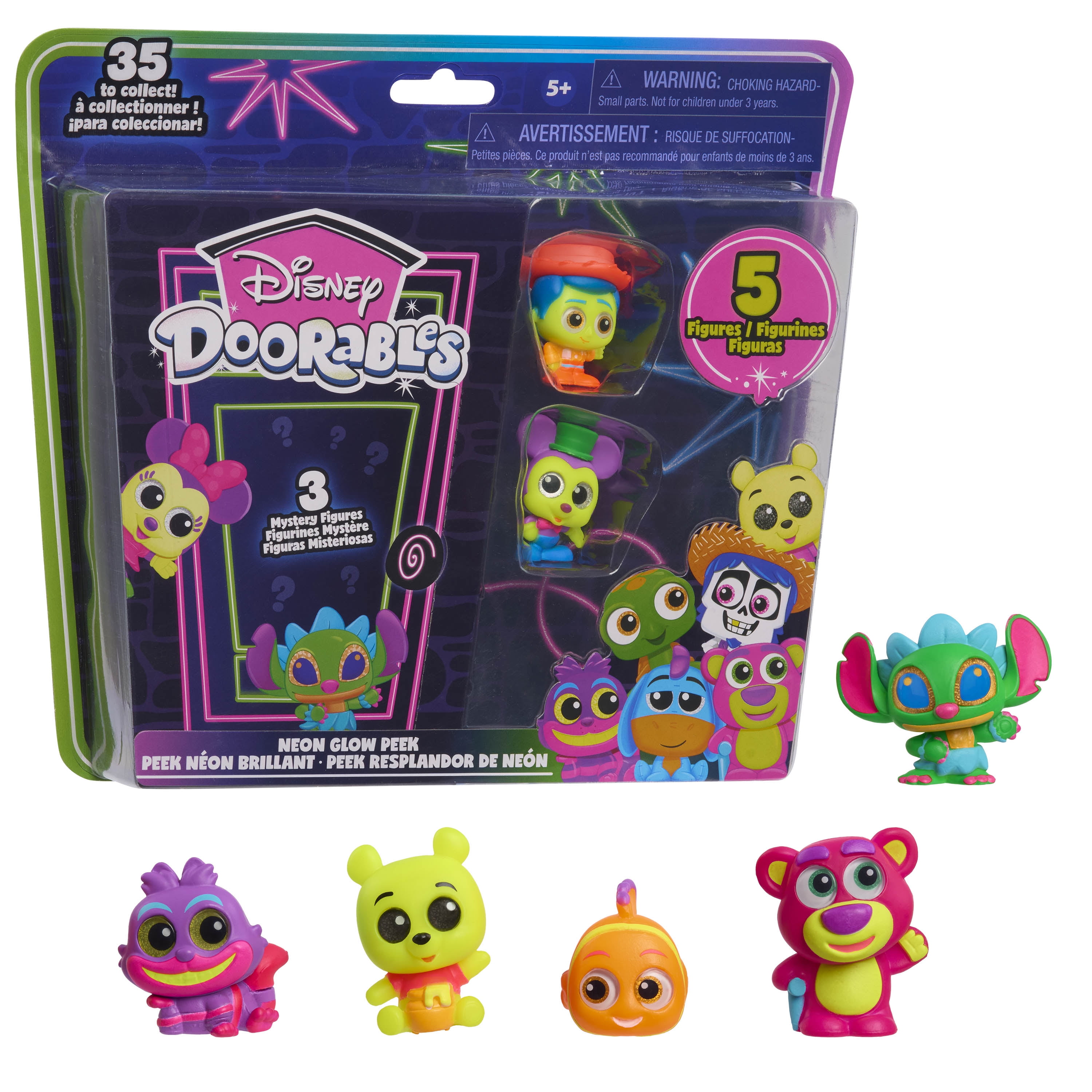 Disney Doorables Neon Glow Peek Figures, 1.5-inch Collectible Kids