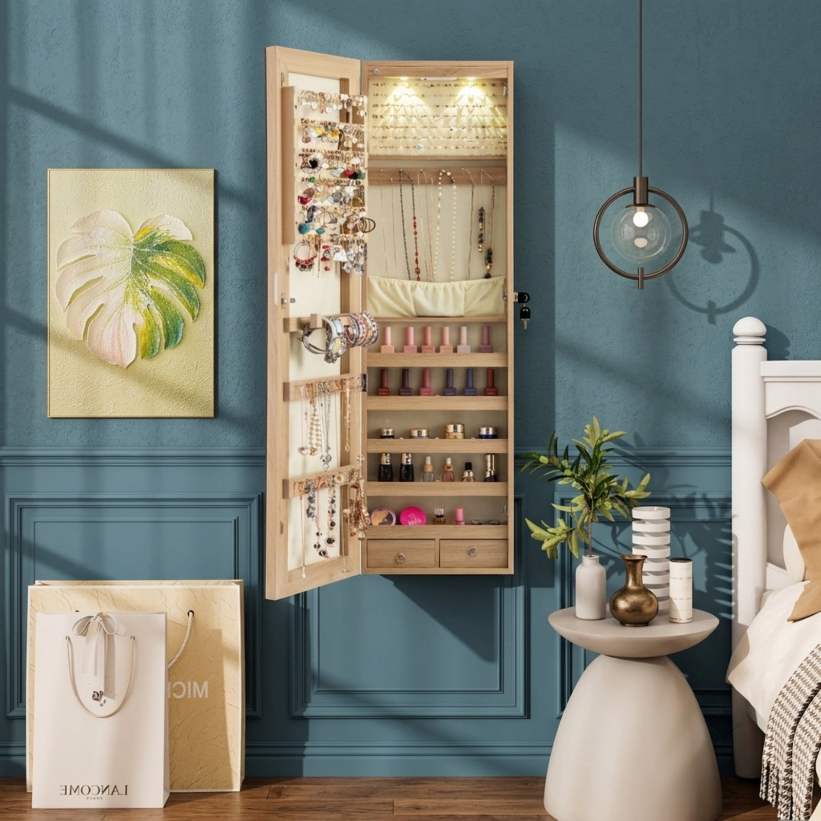 Furnibear Wall and Door Mounted Mirrored Jewelry Cabinet with Lights for Bedroom Dressing Room Jewelry Necklace Rings Storage Mirror, Natural