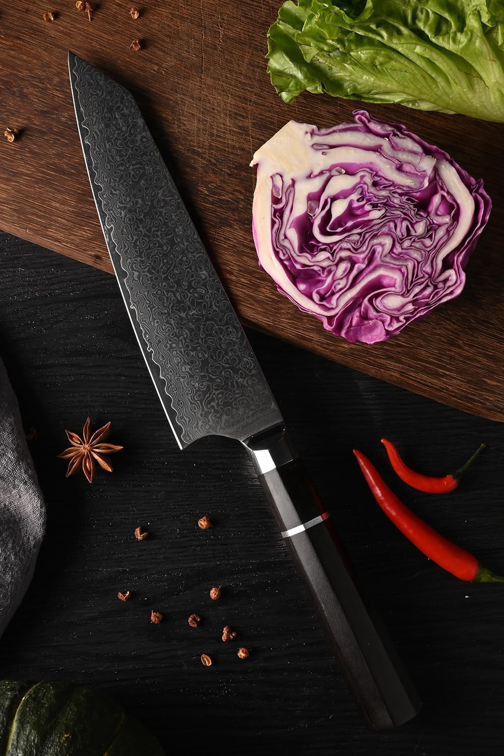 KEGANI 8" Japanese Kiritsuke Chef Knife, Japanese 67 Layers VG-10 Damascus Knife, Ebony FullTang Handle Natural Texture Japanese Knife Sushi Knife Gyuto Knife