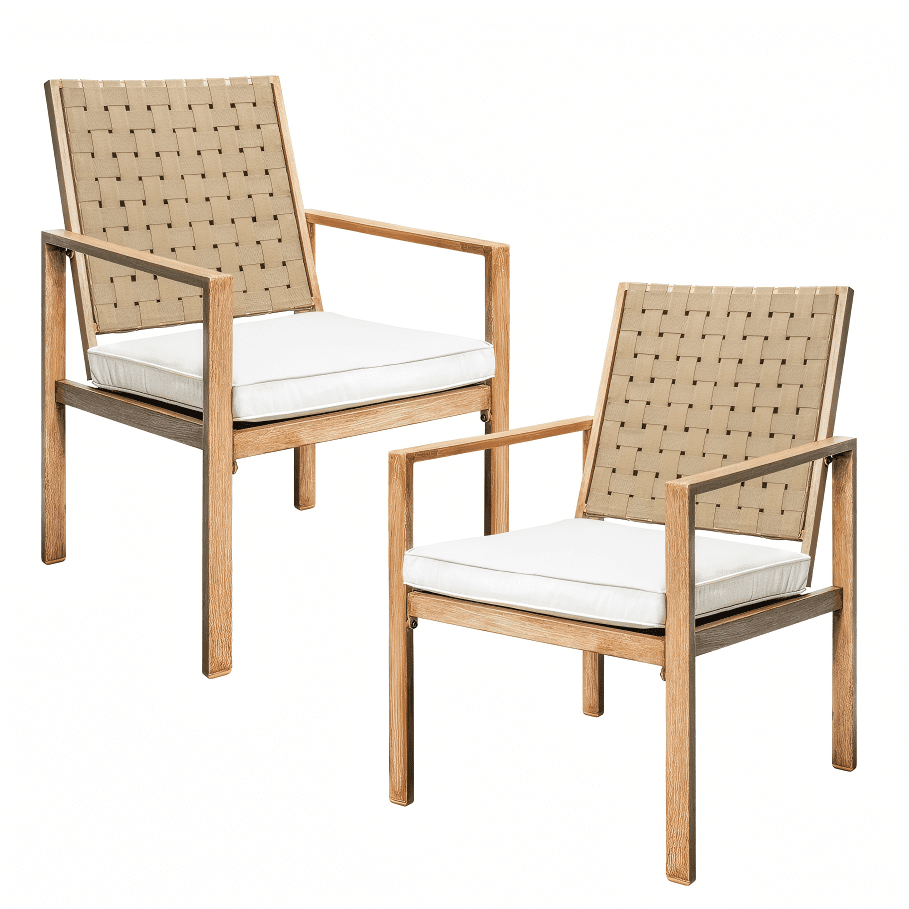MOONMISS 2 Pack Patio Dining Chairs, Wood Grain Iron Frame Outdoor Chairs with Handmade Drawstring Design, Waterproof Removable Cushion, Ideal for Patio, Deck, Garden & Yard