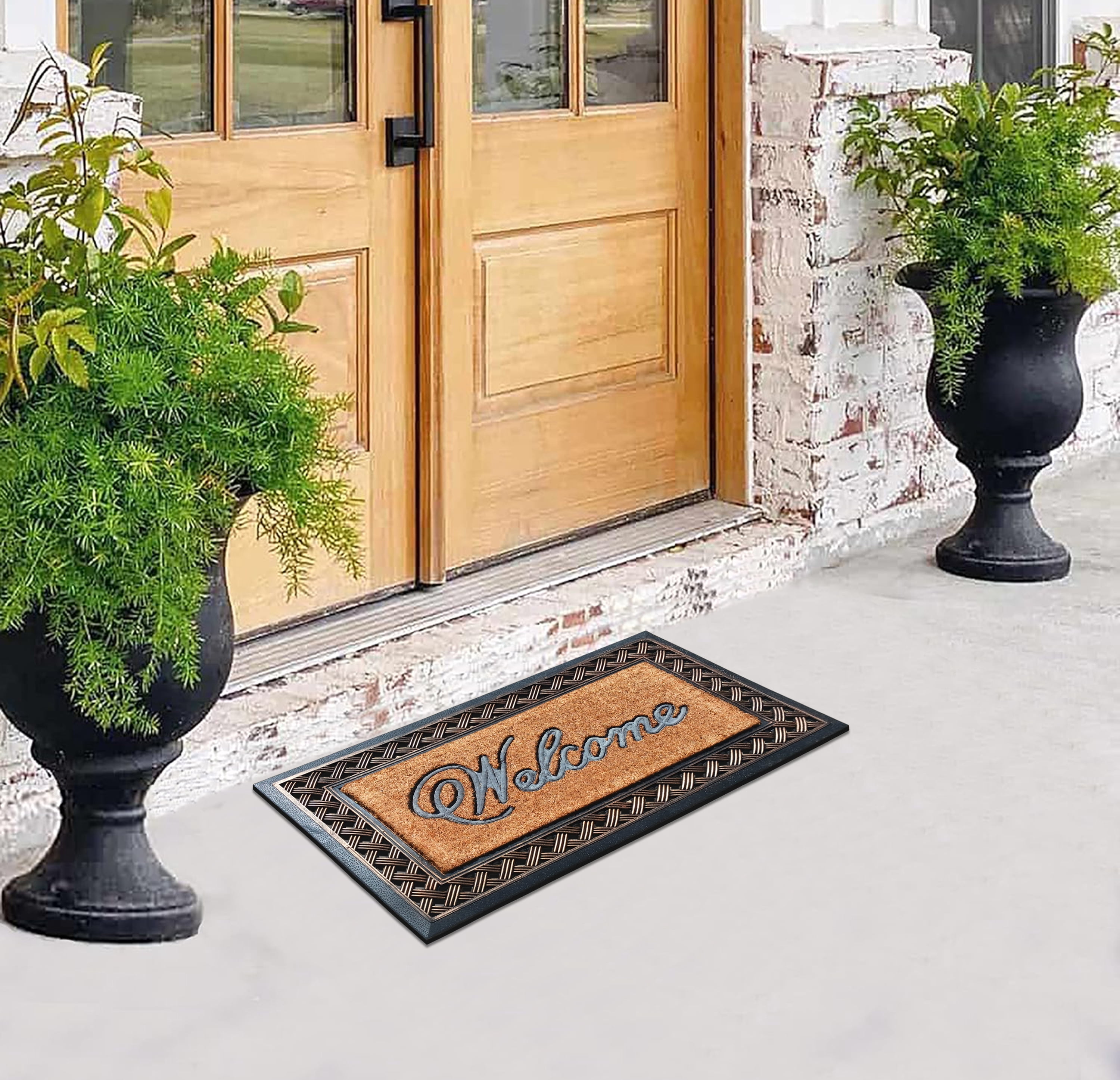 A1 Home Collections 38"×23" Natural Coir & Rubber Doormat - Decorative Welcome Design, Heavy Duty Coconut Fiber Entry Mat with Non-Slip Backing - Anti-Shed Treated, Low Profile Outdoor Front Door Mat