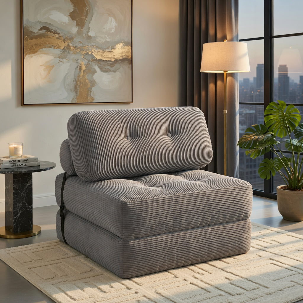 Hommoo 3-in-1 Folding Sofa Bed with Pillow & Back Support, Corduroy Convertible Sleeper for Living Room, Bedroom & Guest Room, Gray