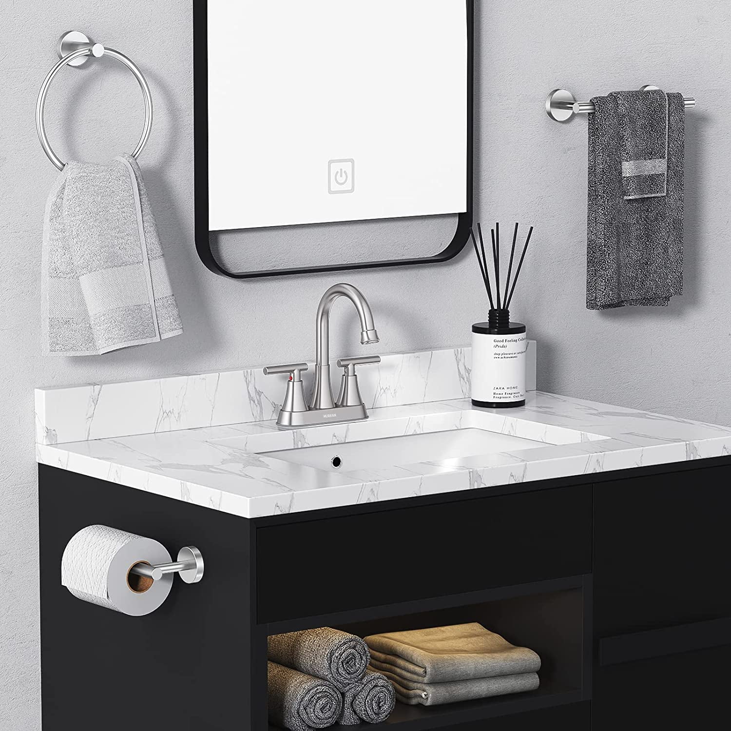 Bathroom Faucets for Sink 3 Hole, Hurran 4 inch Brushed Nickel Bathroom Sink Faucet with Pop-up Drain and Supply Lines, Stainless Steel Centerset Faucets for Sink Vanity
