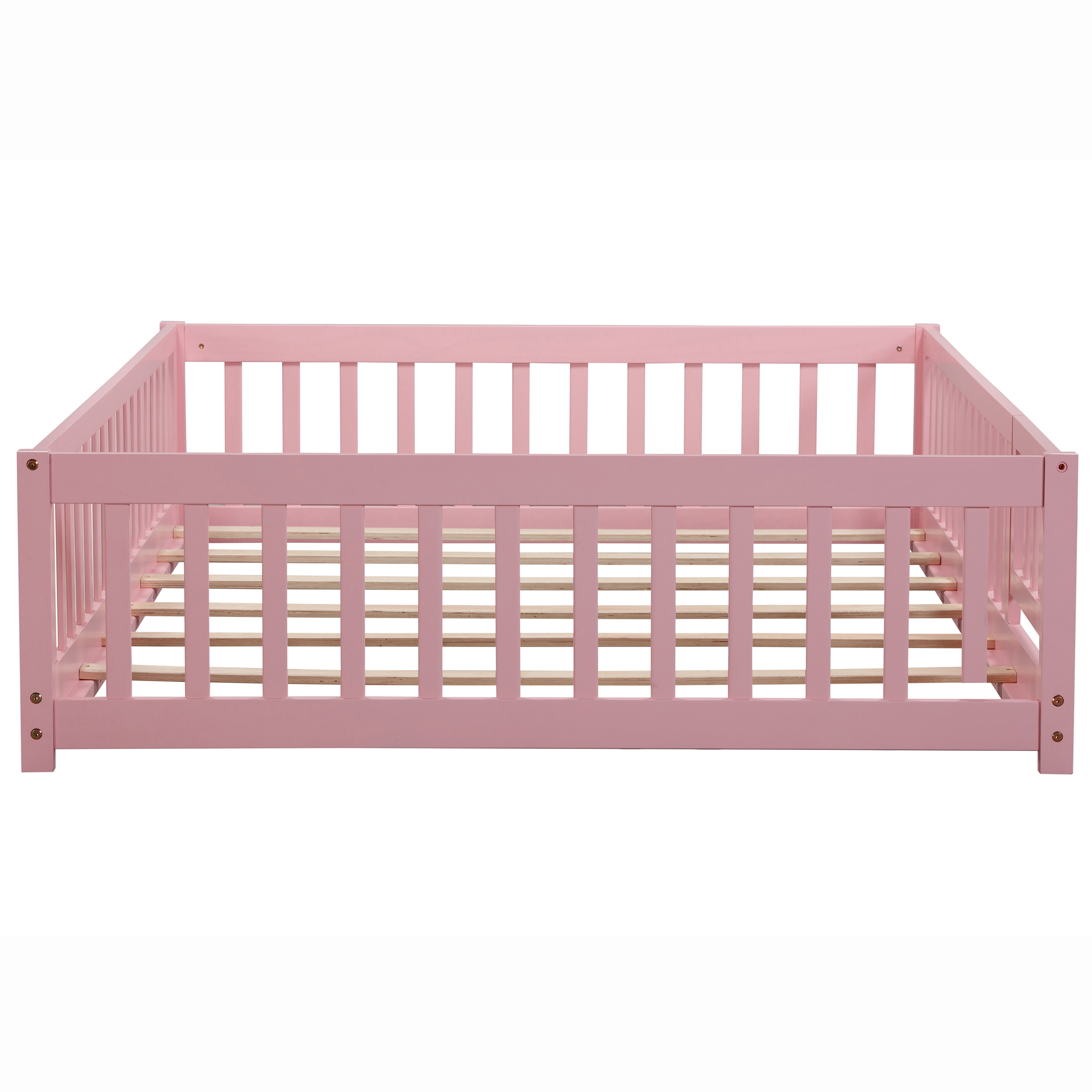 Miniyam Full Size Floor Bed with Guardrails and Door for Kids, Pink