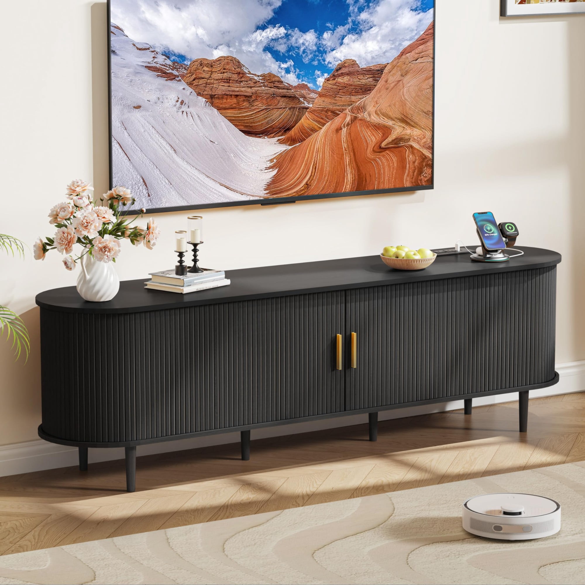 70.8 Inch Mid Century Modern TV Stand with Power Outlet, Fluted Media Console with Sliding Doors for TVs up to 80 Inch, Black