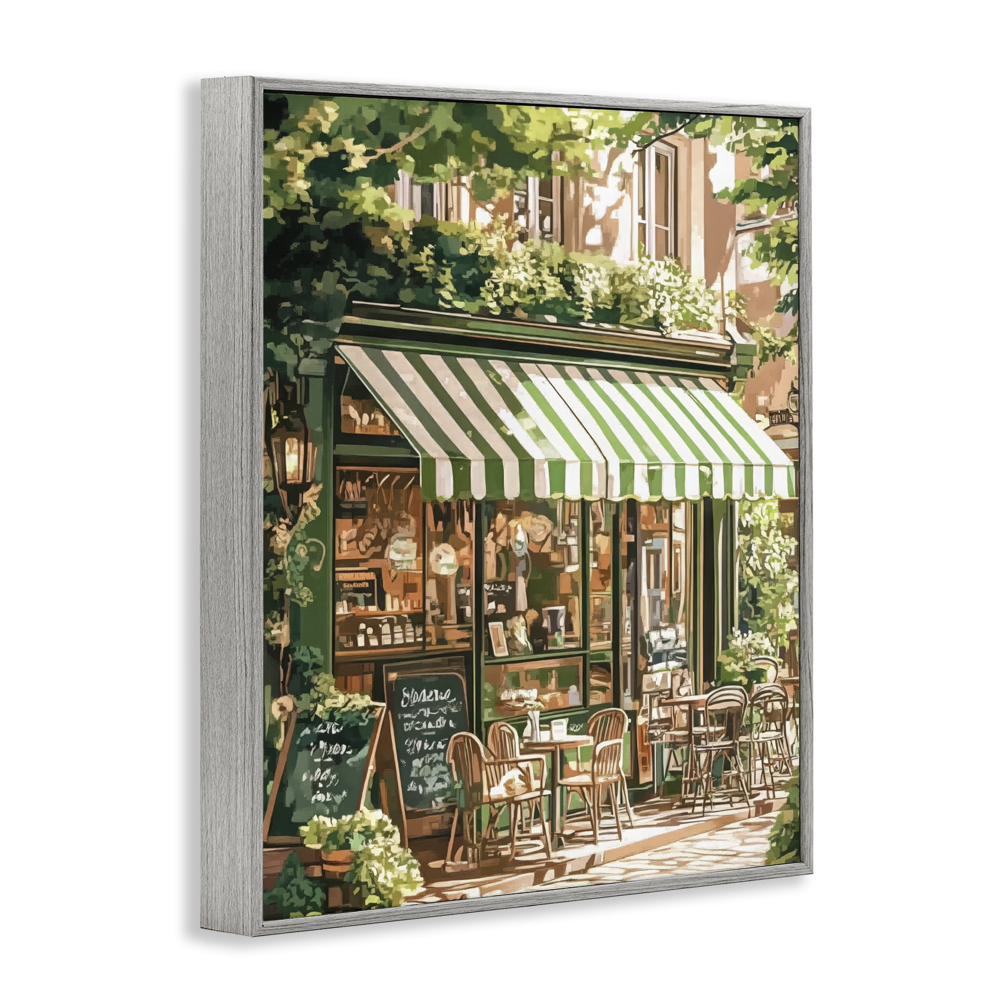 Stupell Industries Coffee Shop Awning & Greenery Gray Framed Giclee Art, design by LSR Design Studio