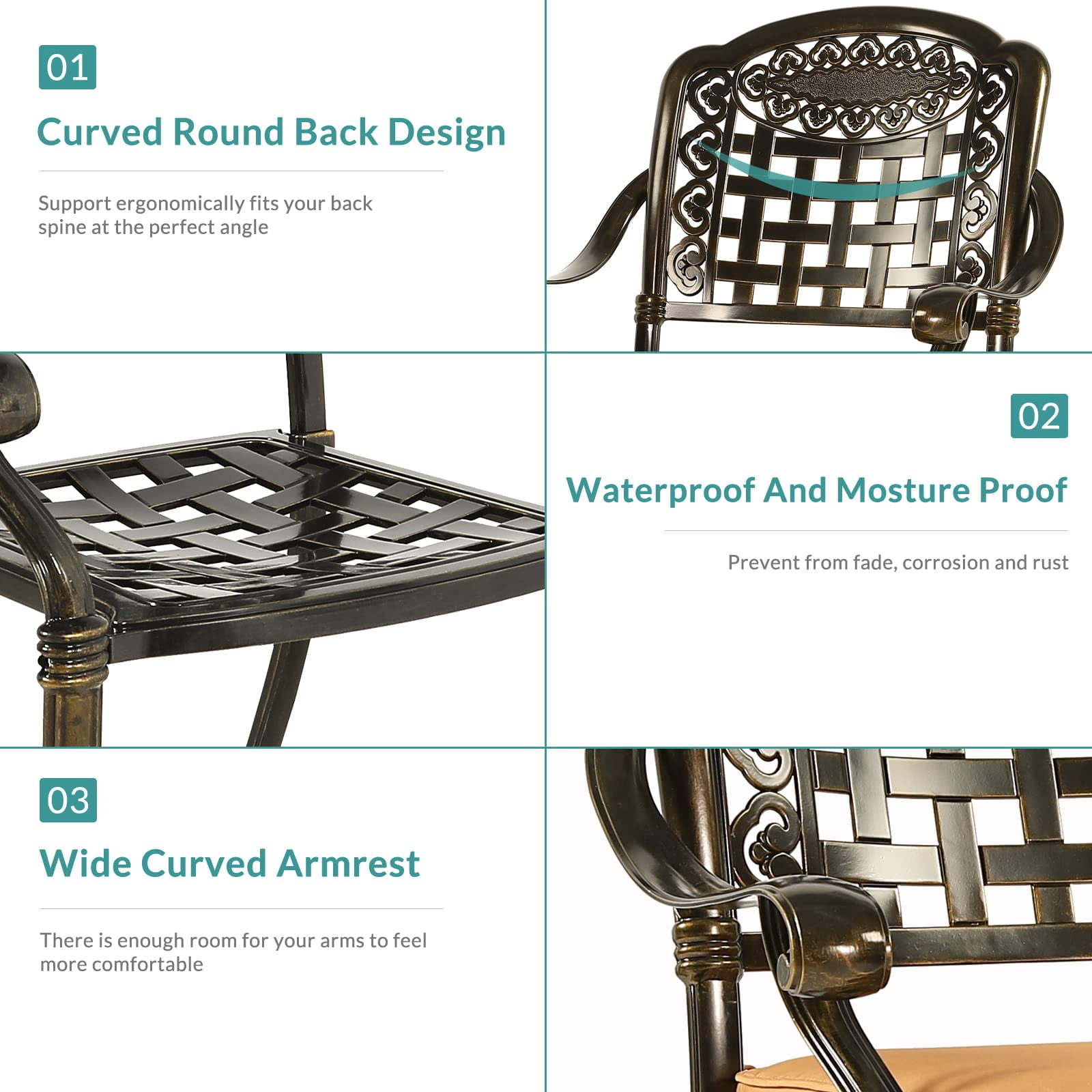 MEETWARM 2 Piece Patio Dinning Swivel Chairs Rocker, Outdoor All-Weather Cast Aluminum Chairs with Cushions, Patio Bistro Dining Chair Set for Garden Deck Backyard, Dark Bronze