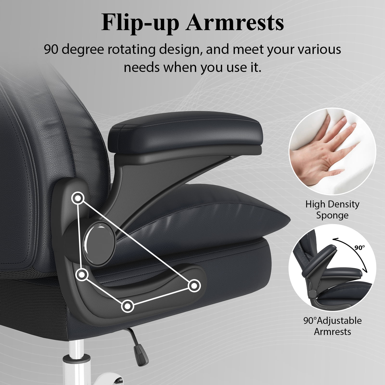 E-motie Home Office Chair with Flip-up Arms, Adjustable High Back Chair, Quiet Nylon Wheels, Black