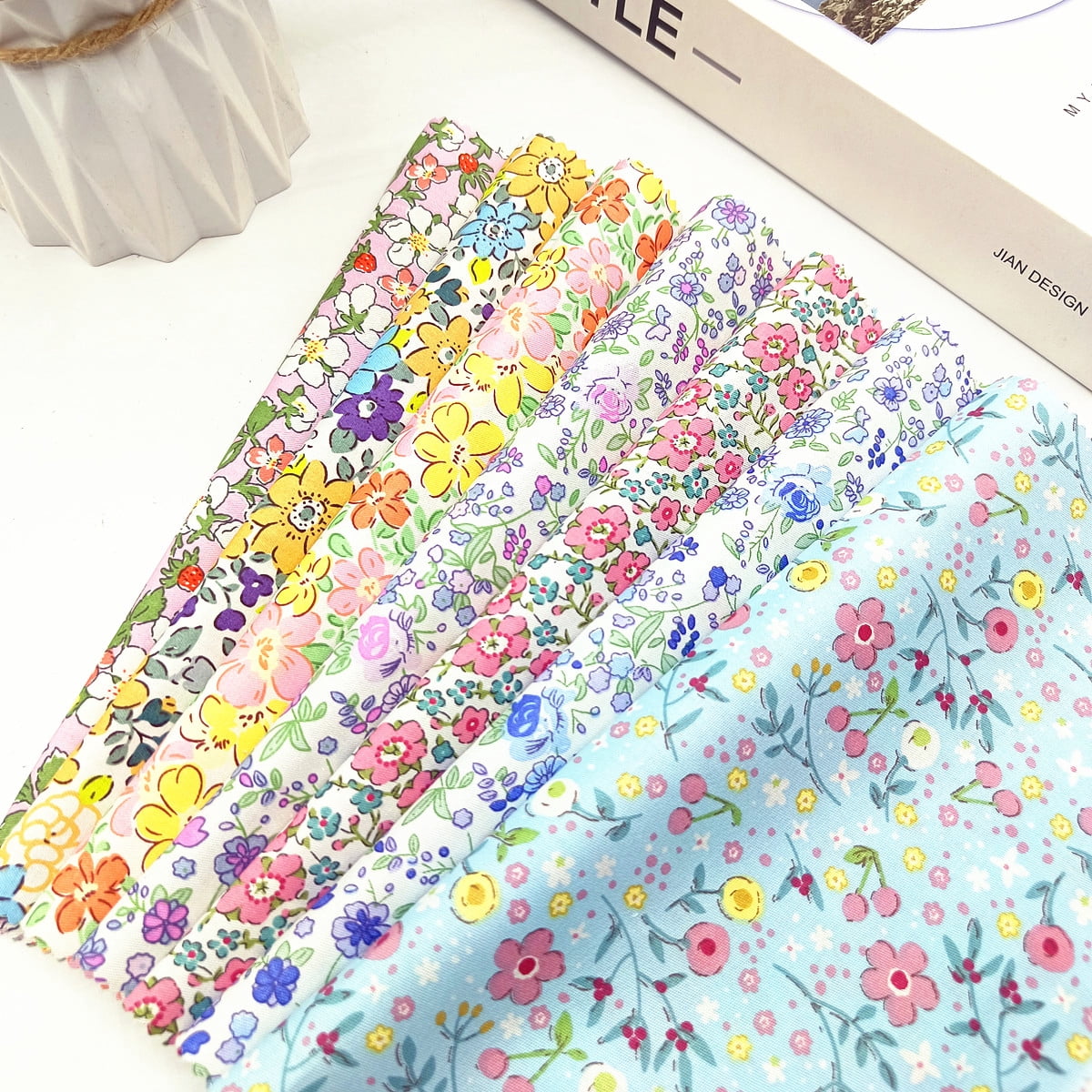 iMzoon 22Pcs 10" Cotton Fabric Quilting Squares,No Repeat Floral Charm Pack, Precut Pink Fabric for Sewing with Wavy Edges, DIY Scrapbooking Craft Supplies Muticolor