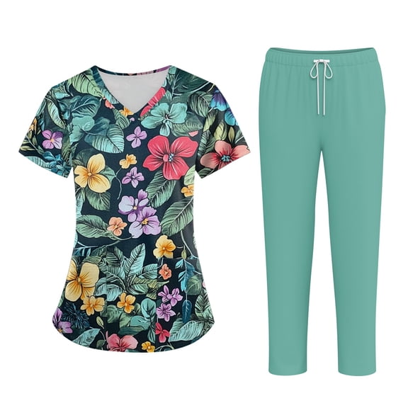 Medical Scrubs Set for Women Cute Print Scrub Top and Cargo Pants with Stretch Nursing Quick Dry Uniform Suits Green M