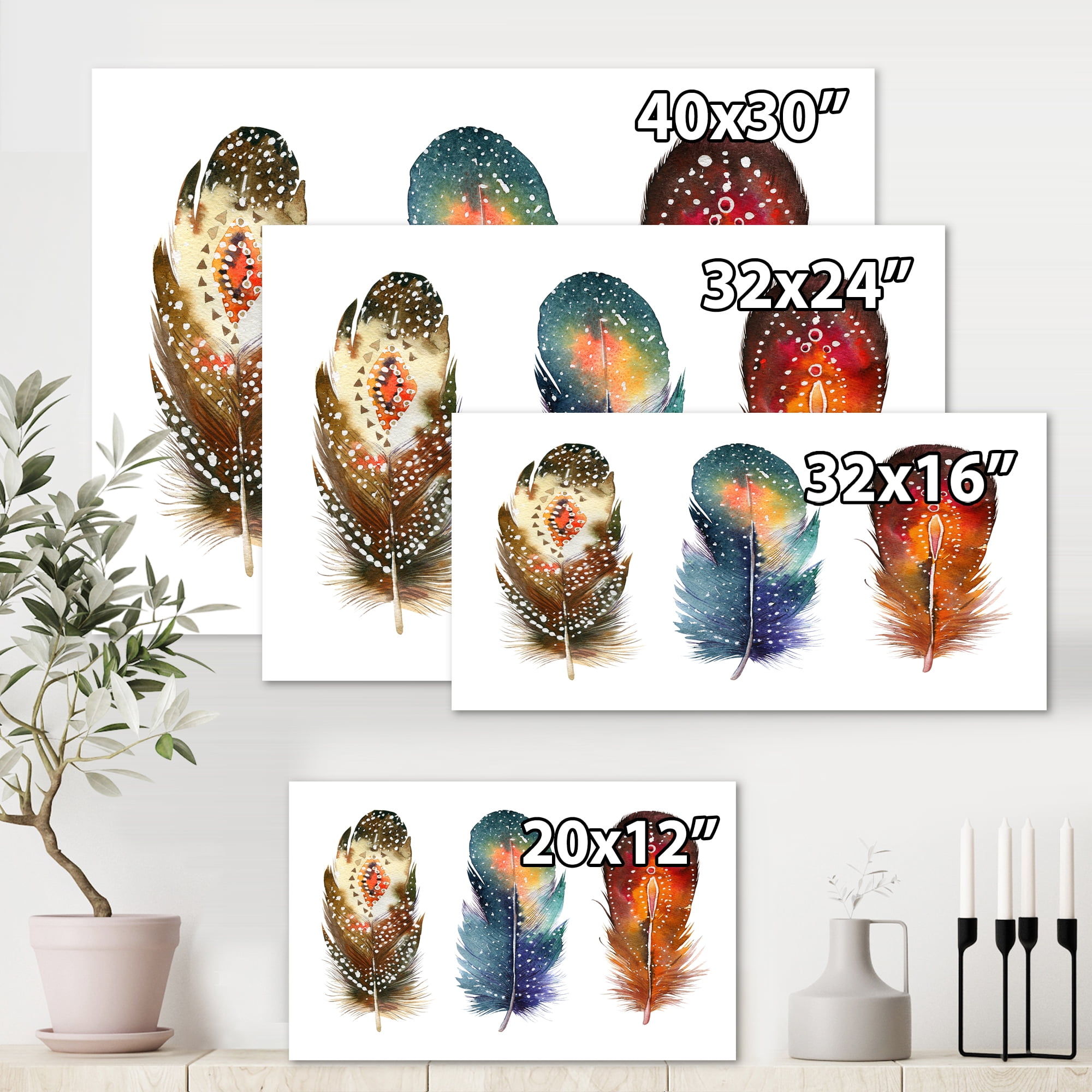 Designart ' Colourful Boho Art Feather Set IX ' Bohemian & Eclectic Canvas Wall Art Print